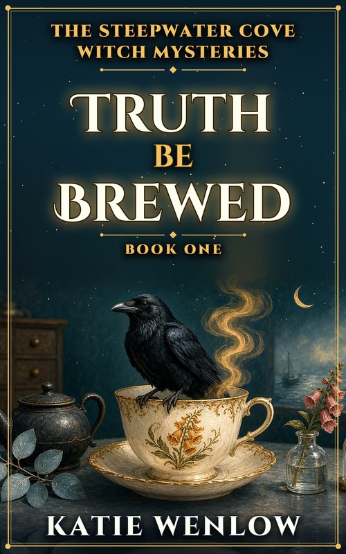 Cover of Truth Be Brewed by Katie Wenlow: a black raven perched on a steaming teacup under a crescent moon